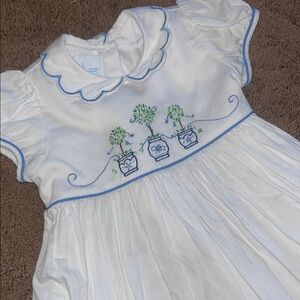 Little English White Dress with Blue Trim and Green Embroidery